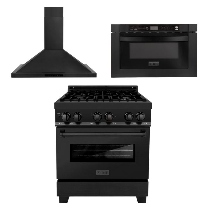 ZLINE Appliance Package - 30 in. Dual Fuel Range, Range Hood & Microwave in Black Stainless Steel, 3KP-RABRBRH30-MW