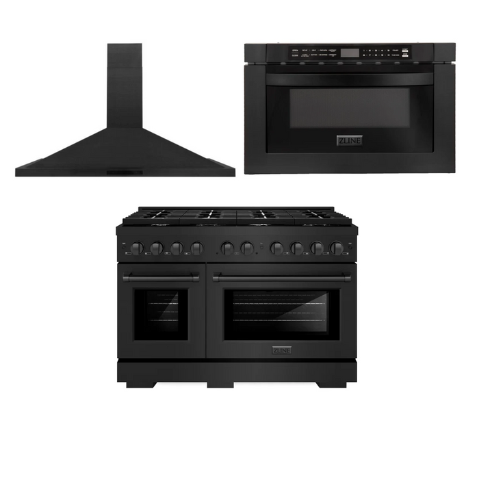 ZLINE Appliance Package - 48 in. Gas Range, Range Hood, Microwave Drawer in Black, 3KP-SGRBRH48-MW