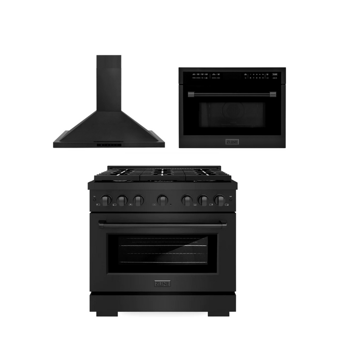 ZLINE Appliance Package - 36 in. Gas Range, Range Hood, Microwave Oven - Black Stainless Steel, 3KP-RBGRH36-MO