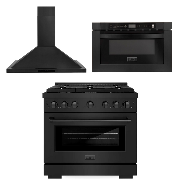 ZLINE Appliance Package - 36 in. Gas Range, Range Hood, Microwave Drawer - Black Stainless Steel, 3KP-SGRBRBRH36-MW