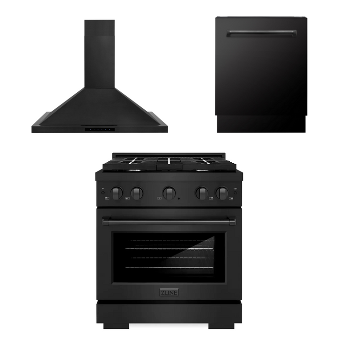 ZLINE Appliance Package - 30 In. Gas Range, Range Hood, Dishwasher in Black Stainless Steel, 3KP-SGRBRH30-DWV