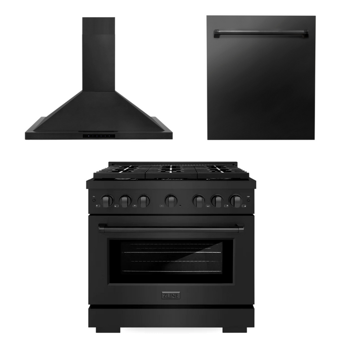 ZLINE Appliance Package - 36 in. Gas Range, Range Hood, Dishwasher - Black Stainless Steel, 3KP-SGRBRH36-DW