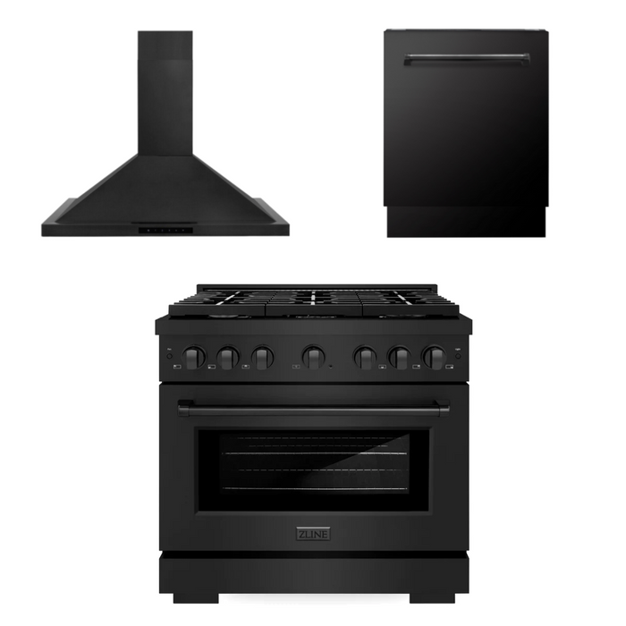 ZLINE Appliance Package - 36 In. Gas Range, Range Hood, Dishwasher in Black Stainless Steel, 3KP-SGRBRH36-DWV