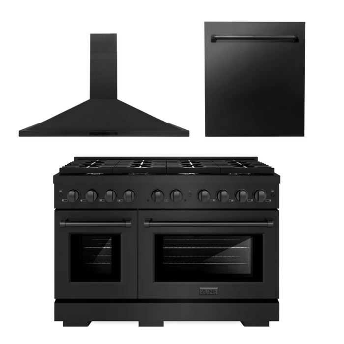 ZLINE Appliance Package - 48 in. Gas Range, Range Hood, Dishwasher in Black, 3KP-SGRBRH48-DW