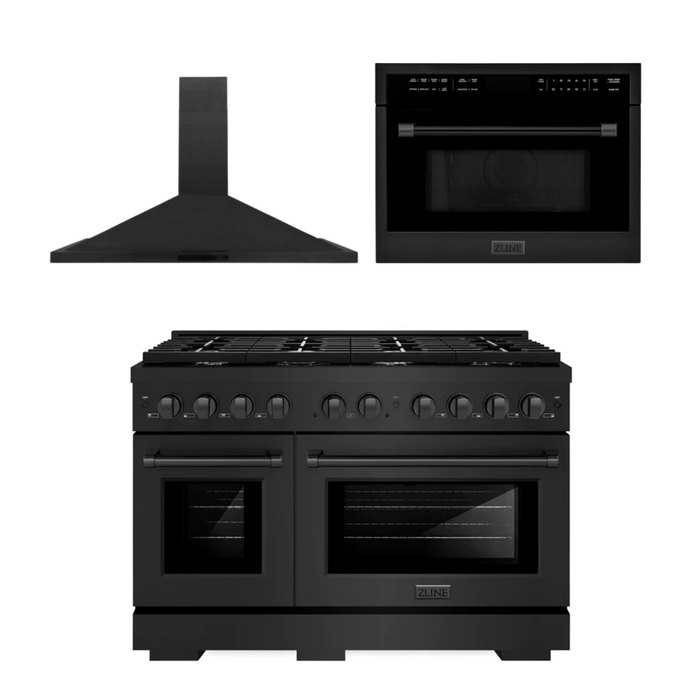 ZLINE Appliance Package - 48 in. Gas Range, Range Hood, Microwave Oven in Black, 3KP-SGRBRH48-MO