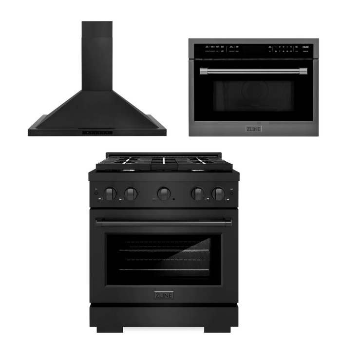 ZLINE Appliance Package - 30 In. Gas Range with Brass Burners, Microwave Oven, Range Hood in Black Stainless Steel, 3KP-SGRBRHMWO-30