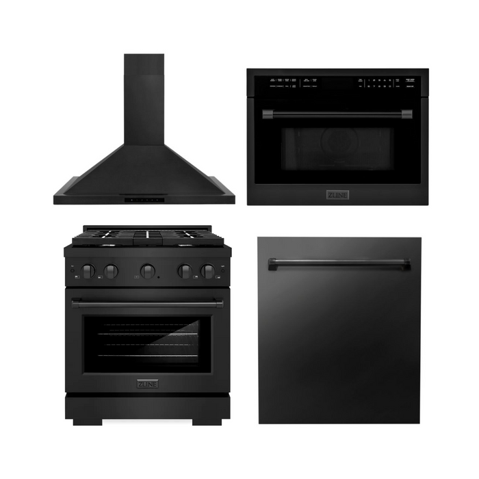 ZLINE Appliance Package - 30 in. Gas Range, Range Hood, Microwave Oven, and Dishwasher in Black Stainless Steel, 4KP-RGBRH30-MODW