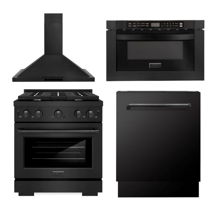 ZLINE Appliance Package - 30 In. Gas Range, Range Hood, Microwave and Dishwasher in Black Stainless Steel, 4KP-RGBRH30-MWDW