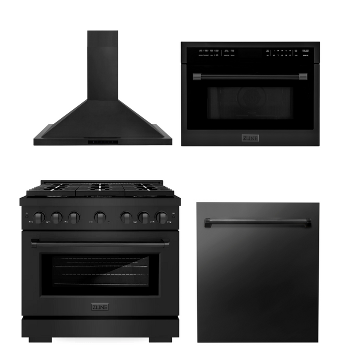 ZLINE Appliance Package - 36 in. Gas Range, Range Hood, Microwave Oven, Dishwasher - Black Stainless Steel, 4KP-RGBRH36-MODW