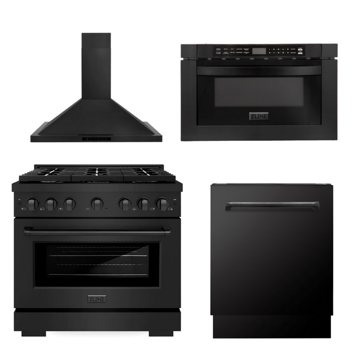 ZLINE Appliance Package - 36 In. Gas Range, Range Hood, Microwave and Dishwasher in Black Stainless Steel, 4KP-SGRBRH36-MWDWV