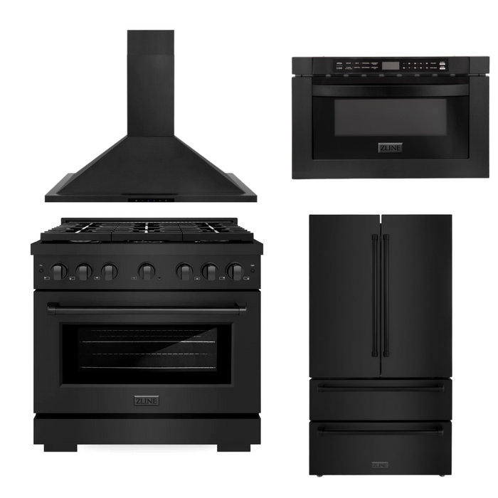 ZLINE Appliance Package - 36 in. Gas Range, Range Hood, Microwave Drawer, Refrigerator in Black Stainless, 4KPR-SGRBRH36-MW