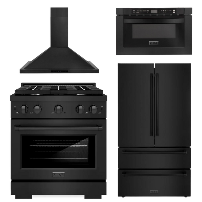 ZLINE Appliance Package - 30 in. Gas Range, Range Hood, Microwave, Refrigerator in Black Stainless, 4KPR-SGRBRH30-MW