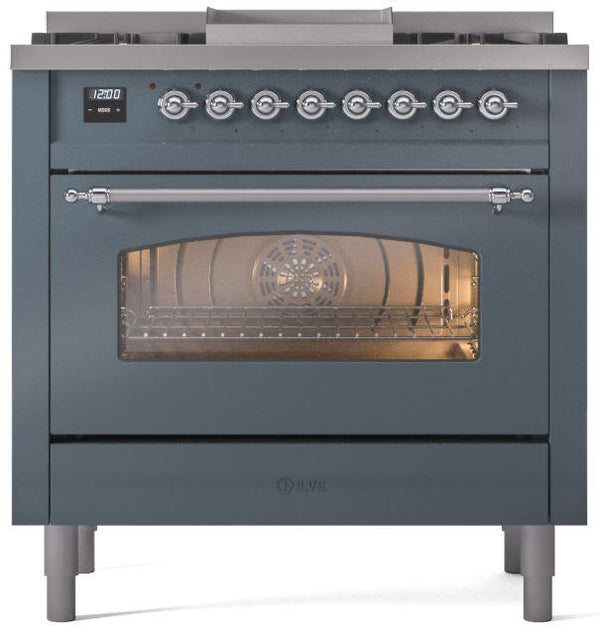 ILVE Nostalgie II 36" Dual Fuel Propane Gas Range in Blue Grey with Chrome Trim, UP36FNMPBGCLP