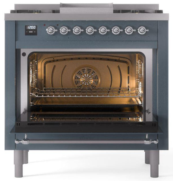 ILVE Nostalgie II 36" Dual Fuel Natural Gas Range in Blue Grey with Chrome Trim, UP36FNMPBGC