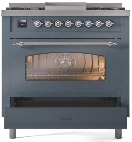 ILVE Nostalgie II 36" Dual Fuel Propane Gas Range in Blue Grey with Chrome Trim, UP36FNMPBGCLP