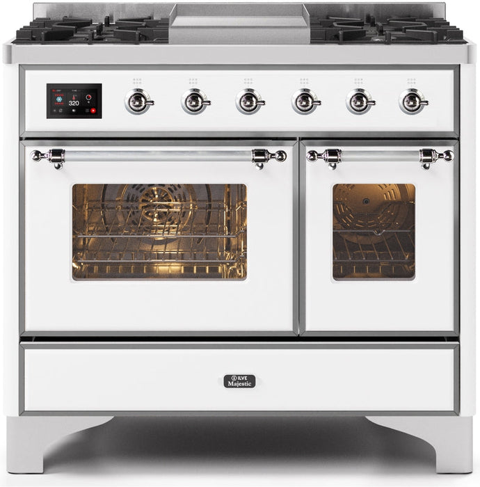 ILVE Majestic II 40" Dual Fuel Natural Gas Range in White with Chrome Trim, UMD10FDNS3WHC