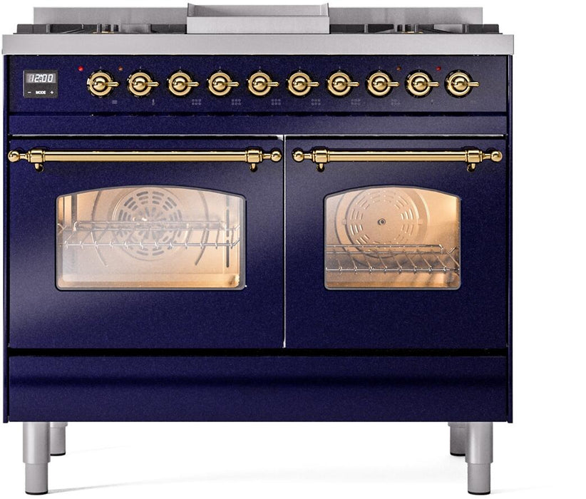 ILVE Nostalgie II 40" Dual Fuel Propane Gas Range in Blue with Brass Trim, UPD40FNMPMBGLP