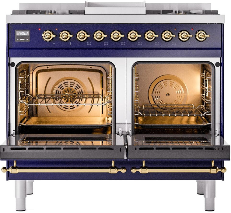 ILVE Nostalgie II 40" Dual Fuel Propane Gas Range in Blue with Brass Trim, UPD40FNMPMBGLP