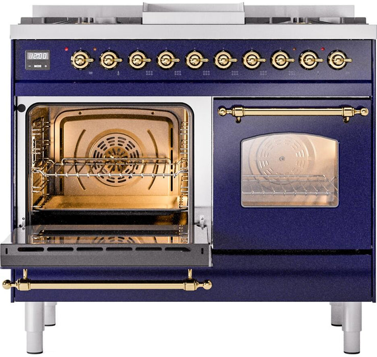 ILVE Nostalgie II 40" Dual Fuel Propane Gas Range in Blue with Brass Trim, UPD40FNMPMBGLP