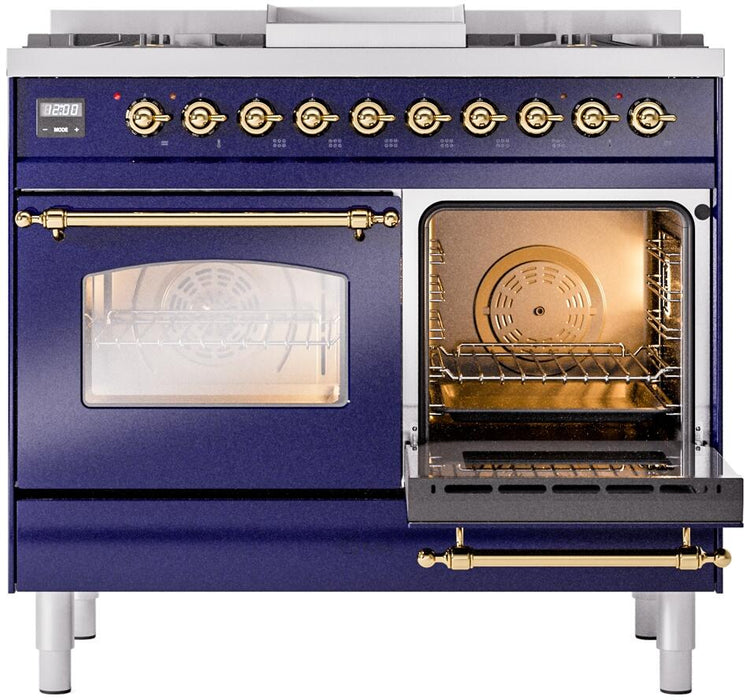 ILVE Nostalgie II 40" Dual Fuel Propane Gas Range in Blue with Brass Trim, UPD40FNMPMBGLP