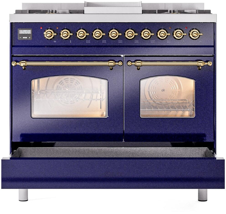 ILVE Nostalgie II 40" Dual Fuel Propane Gas Range in Blue with Brass Trim, UPD40FNMPMBGLP