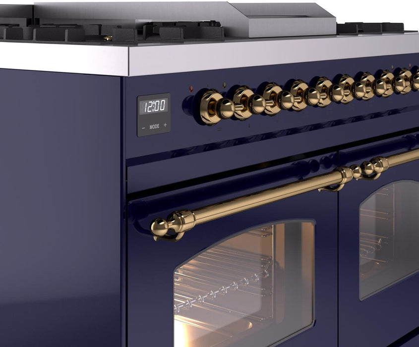 ILVE Nostalgie II 40" Dual Fuel Propane Gas Range in Blue with Brass Trim, UPD40FNMPMBGLP