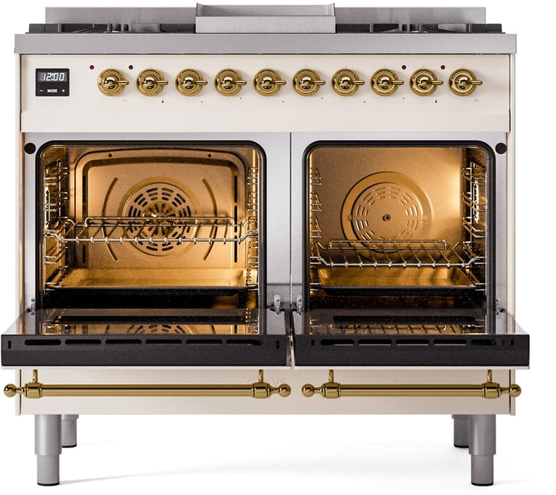 ILVE Nostalgie II 40" Dual Fuel Propane Gas Range in Antique White with Brass Trim, UPD40FNMPAWGLP