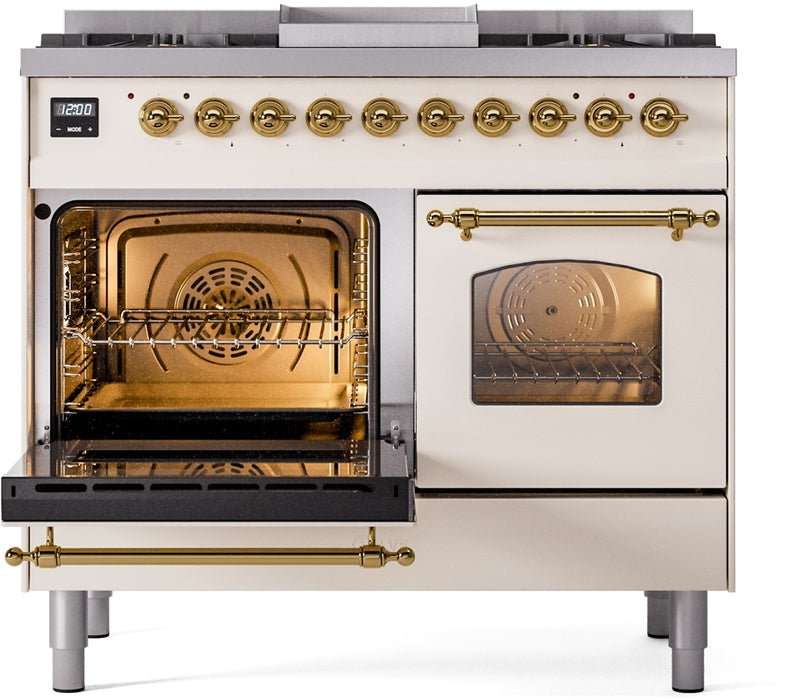 ILVE Nostalgie II 40" Dual Fuel Propane Gas Range in Antique White with Brass Trim, UPD40FNMPAWGLP