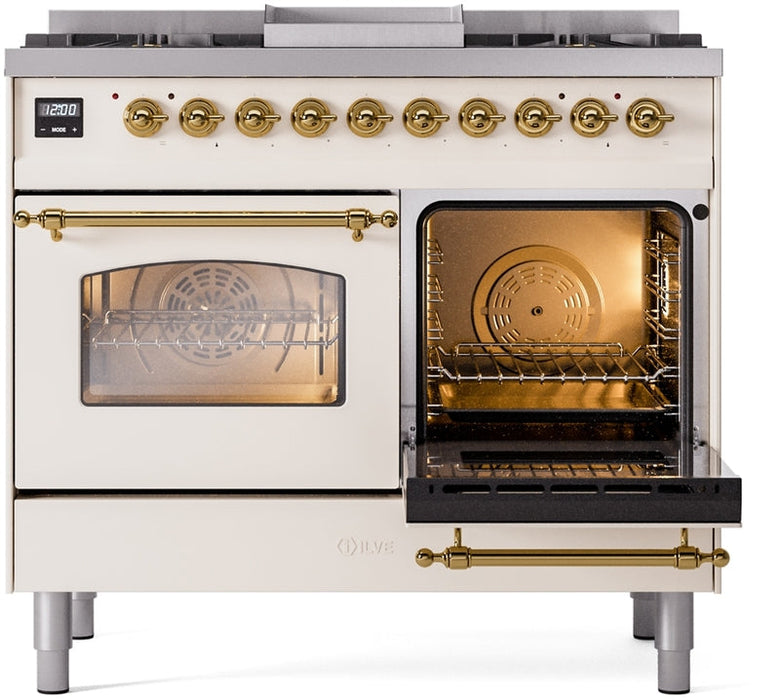 ILVE Nostalgie II 40" Dual Fuel Propane Gas Range in Antique White with Brass Trim, UPD40FNMPAWGLP