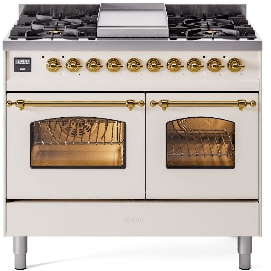 ILVE Nostalgie II 40" Dual Fuel Propane Gas Range in Antique White with Brass Trim, UPD40FNMPAWGLP