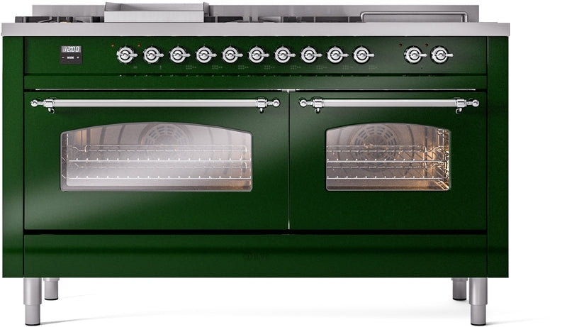 ILVE Nostalgie II 60" Dual Fuel Natural Gas Range in Emerald Green with Chrome Trim, UP60FSNMPEGC