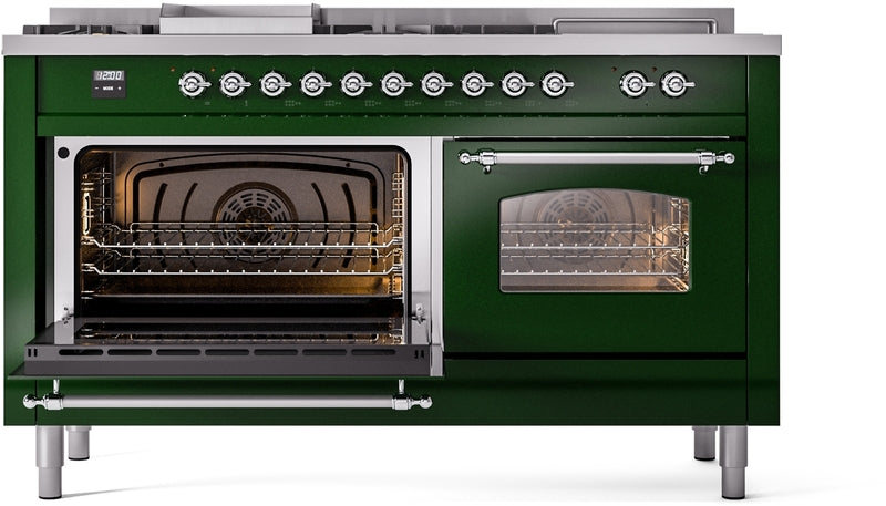 ILVE Nostalgie II 60" Dual Fuel Natural Gas Range in Emerald Green with Chrome Trim, UP60FSNMPEGC