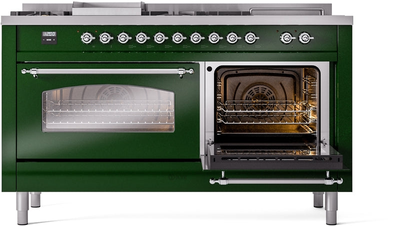 ILVE Nostalgie II 60" Dual Fuel Natural Gas Range in Emerald Green with Chrome Trim, UP60FSNMPEGC