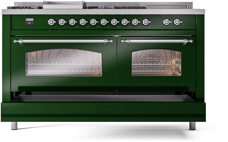 ILVE Nostalgie II 60" Dual Fuel Natural Gas Range in Emerald Green with Chrome Trim, UP60FSNMPEGC