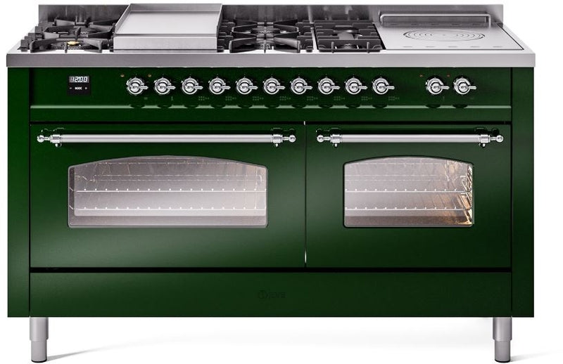 ILVE Nostalgie II 60" Dual Fuel Natural Gas Range in Emerald Green with Chrome Trim, UP60FSNMPEGC