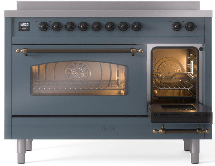 ILVE Nostalgie II 48" Induction Range with Element Stove and Electric Oven in Blue Grey with Bronze Trim, UPI486NMPBGB