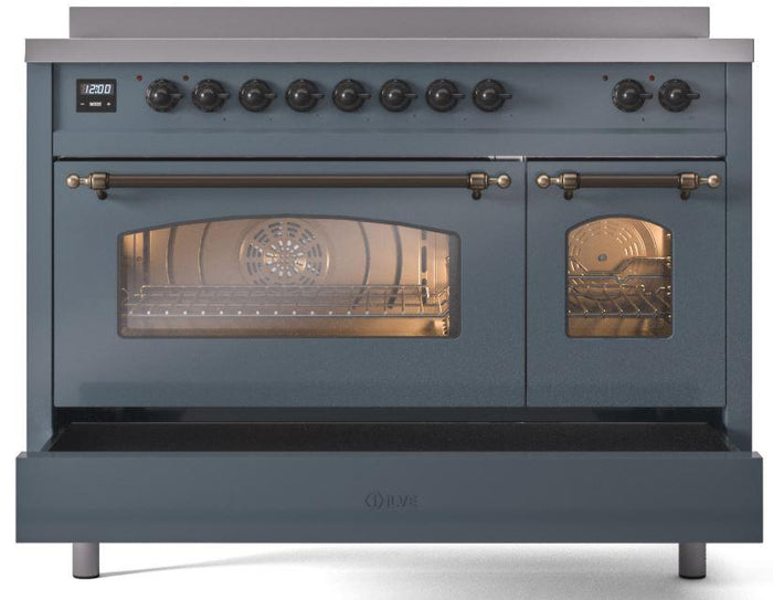 ILVE Nostalgie II 48" Induction Range with Element Stove and Electric Oven in Blue Grey with Bronze Trim, UPI486NMPBGB