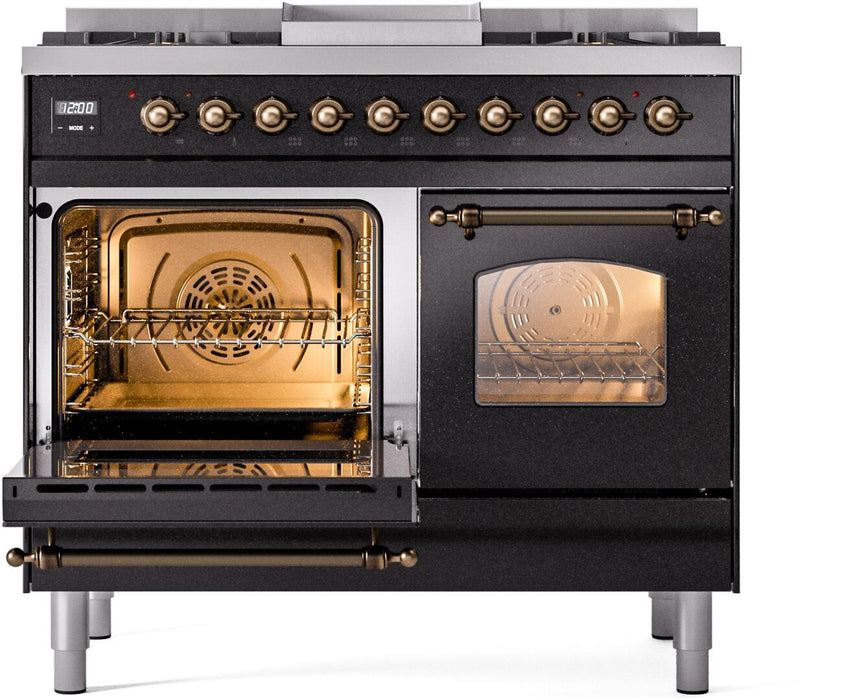 ILVE Nostalgie II 40" Dual Fuel Natural Gas Range in Black with Bronze Trim, UPD40FNMPBKB