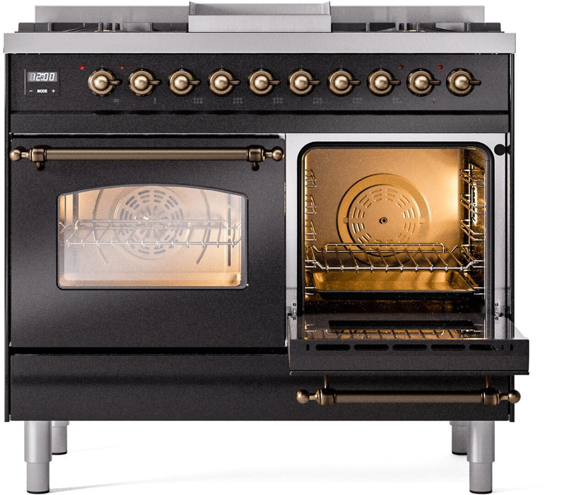 ILVE Nostalgie II 40" Dual Fuel Natural Gas Range in Black with Bronze Trim, UPD40FNMPBKB