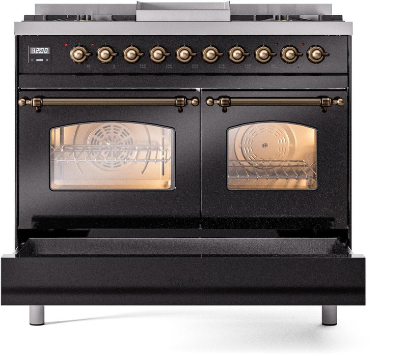 ILVE Nostalgie II 40" Dual Fuel Natural Gas Range in Black with Bronze Trim, UPD40FNMPBKB