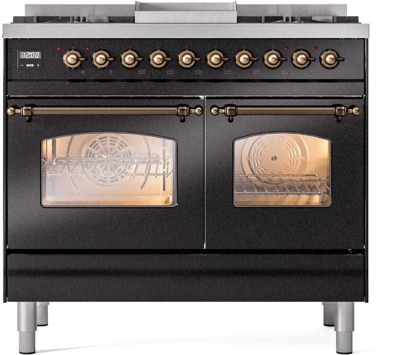 ILVE Nostalgie II 40" Dual Fuel Natural Gas Range in Black with Bronze Trim, UPD40FNMPBKB