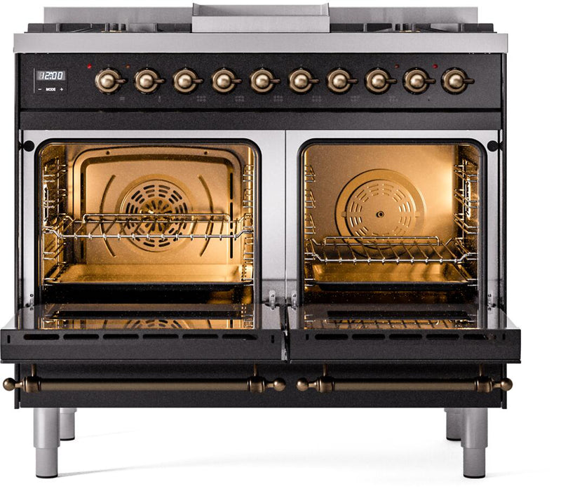 ILVE Nostalgie II 40" Dual Fuel Natural Gas Range in Black with Bronze Trim, UPD40FNMPBKB