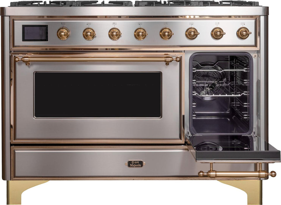 ILVE Majestic II 48" Dual Fuel Propane Gas Range in Stainless Steel with Brass Trim, UM12FDNS3SSGLP