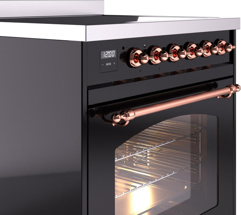 ILVE Nostalgie II 30" Induction Range with Element Stove and Electric Oven in Black with Copper Trim, UPI304NMPBKP