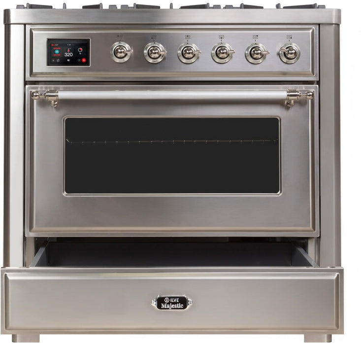 ILVE Majestic II 36" Dual Fuel Propane Gas Range in Stainless Steel with Chrome Trim, UM09FDNS3SSCLP