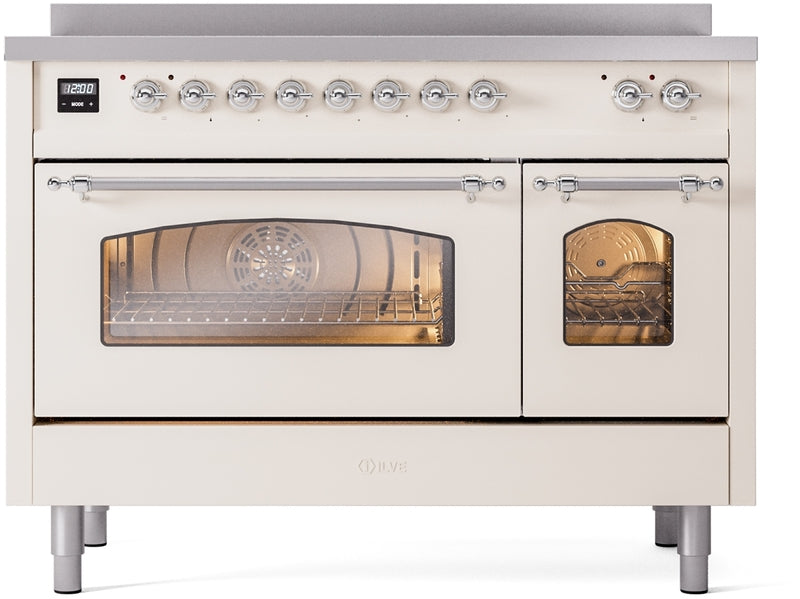 ILVE Nostalgie II 48" Induction Range with Element Stove and Electric Oven in Antique White with Chrome Trim, UPI486NMPAWC