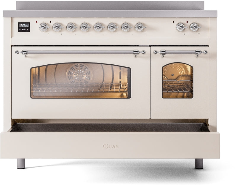 ILVE Nostalgie II 48" Induction Range with Element Stove and Electric Oven in Antique White with Chrome Trim, UPI486NMPAWC