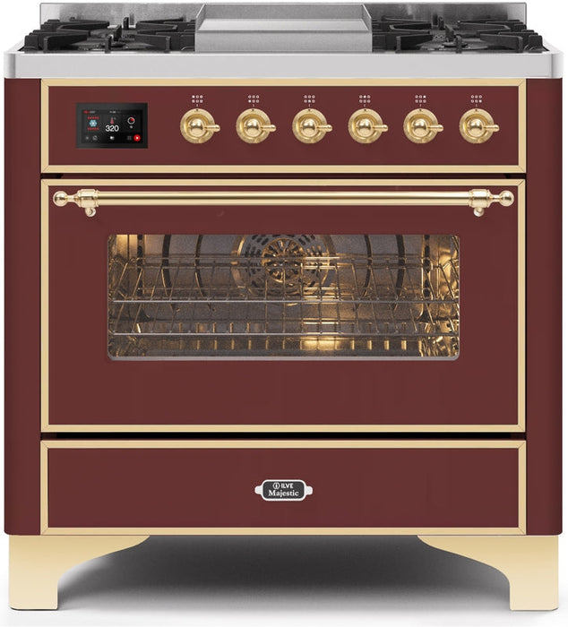 ILVE Majestic II 36" Dual Fuel Natural Gas Range in Burgundy with Brass Trim, UM09FDNS3BUG