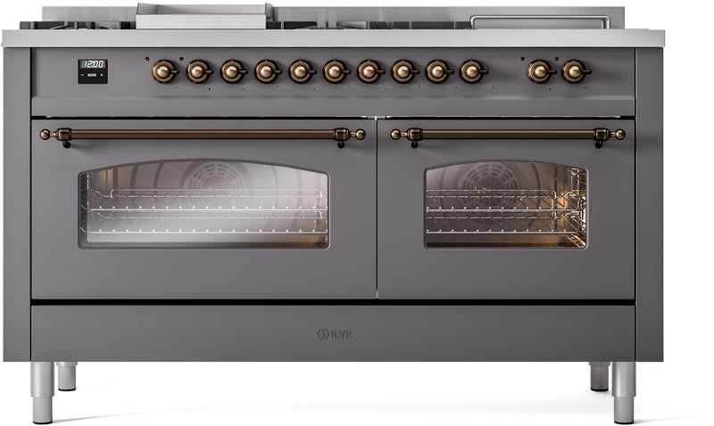 ILVE Nostalgie II 60" Dual Fuel Natural Gas Range in Matte Graphite with Bronze Trim, UP60FSNMPMGB