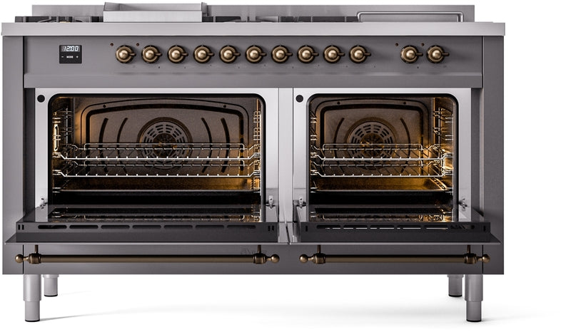 ILVE Nostalgie II 60" Dual Fuel Natural Gas Range in Matte Graphite with Bronze Trim, UP60FSNMPMGB